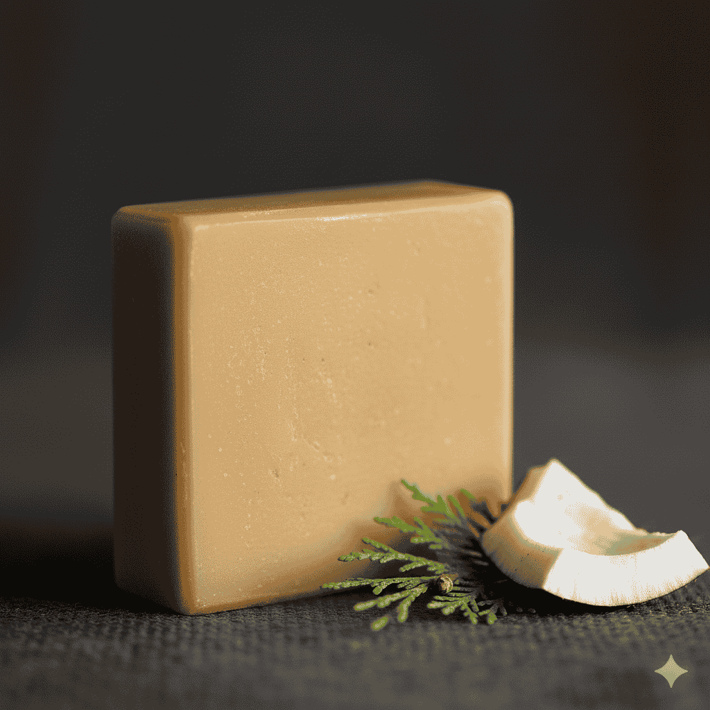 Handcrafted body soap bar displayed with a cypress branch and a piece of coconut