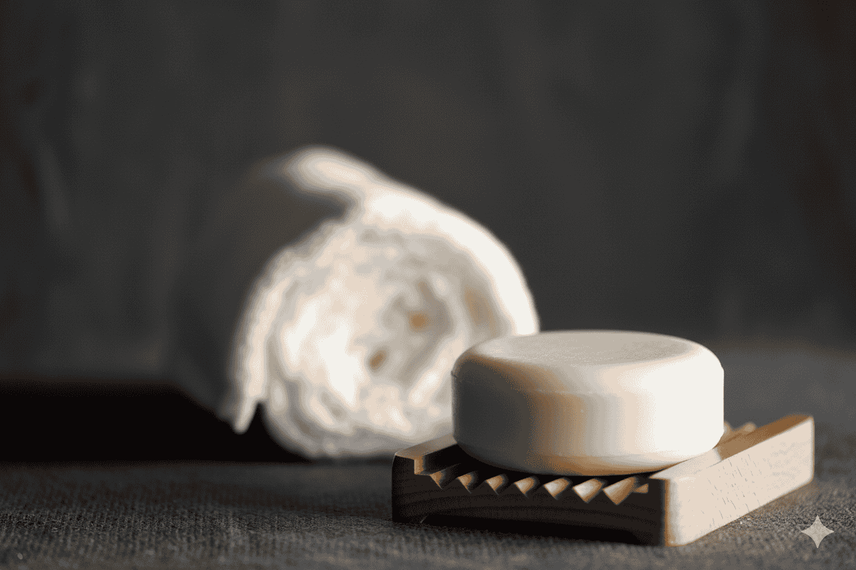 Round white conditioner bar placed on a soap box with a rolled white towel in the background