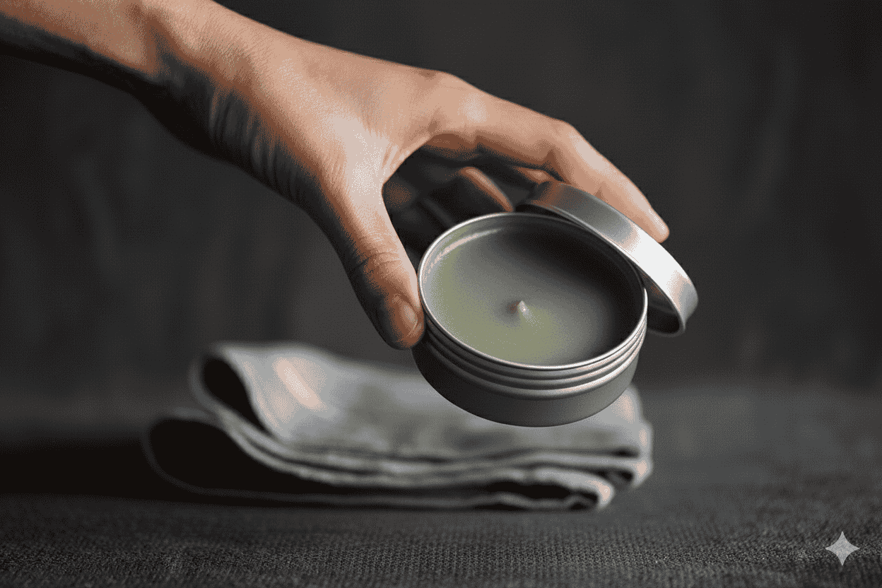 Hand holding a round metal tin filled with nourishing skin balm