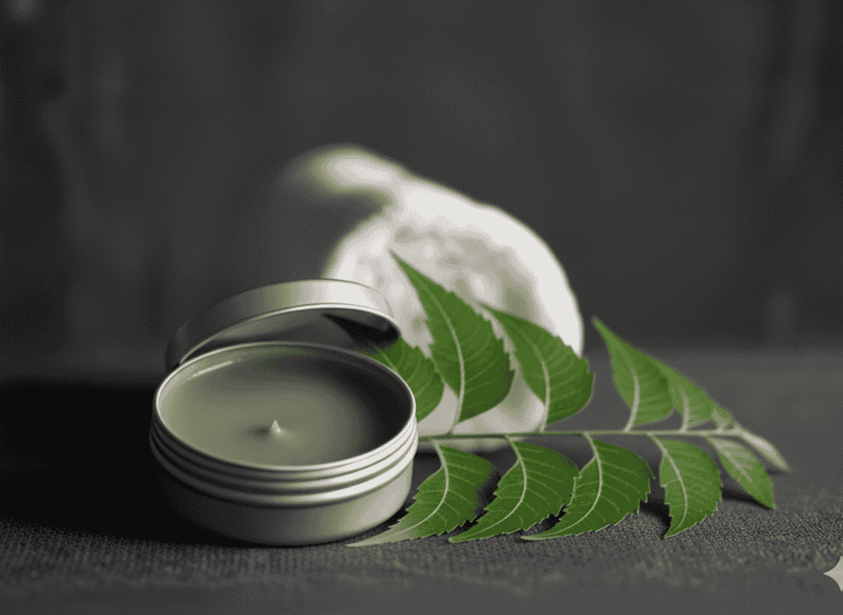 Nourishing skin balm in a metal tin displayed with a neem leaf beside it