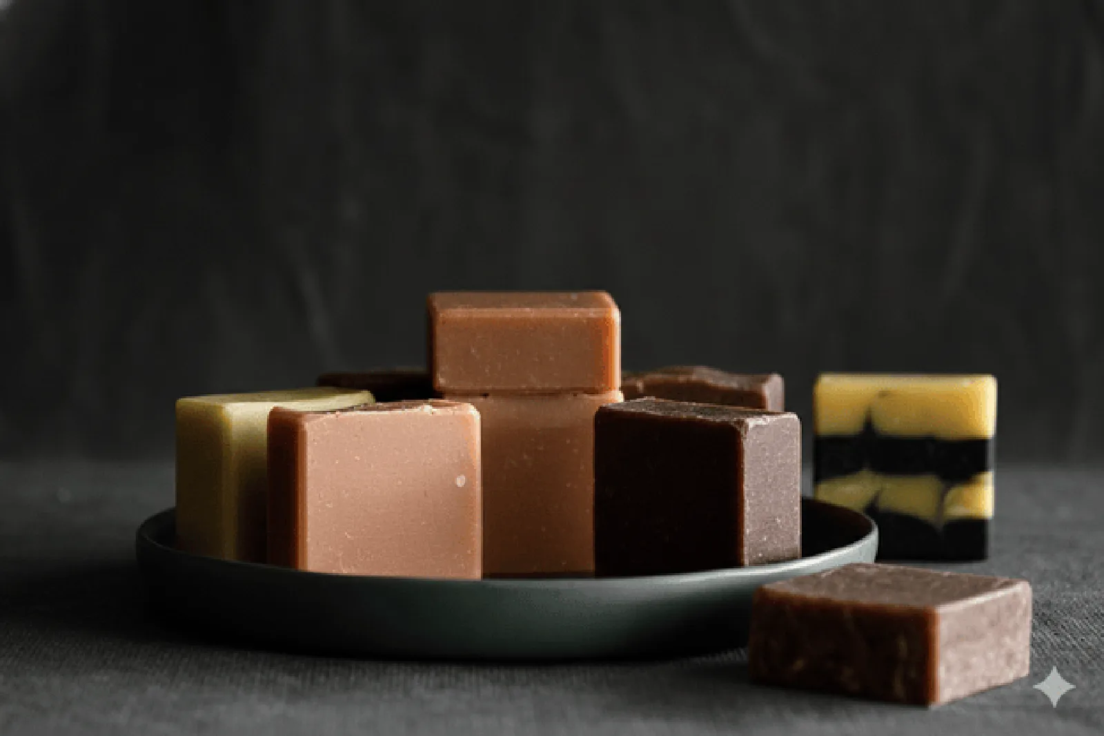 A set of various Soapdia products in different colors and shapes arranged in a large flat bowl, showcasing the variety of available soaps.